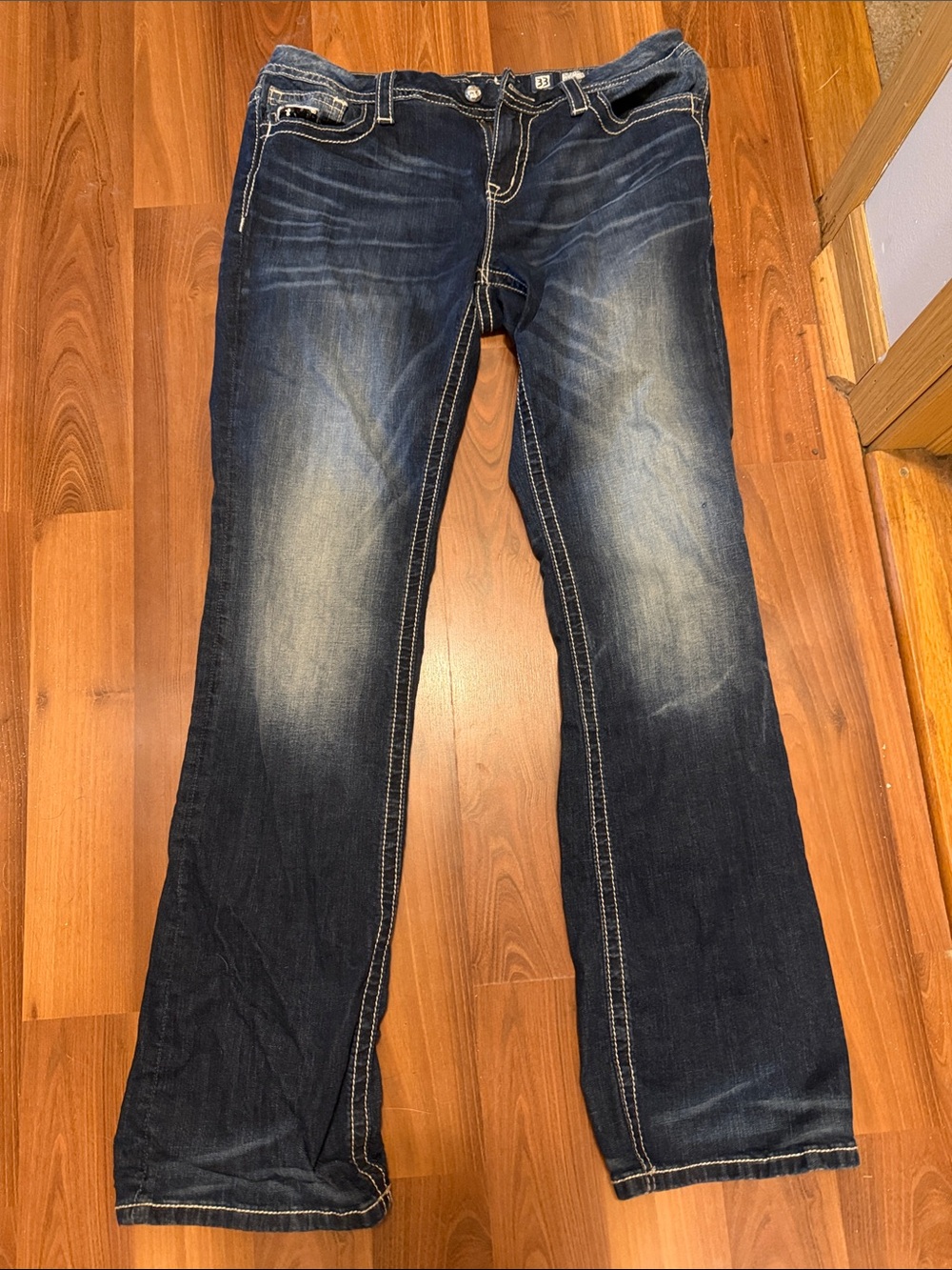 Miss Me Dark Blue Boot Cut Jeans with Whiskering